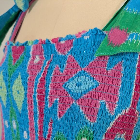 Crown Ivy Maxi Dress XL Blue Pink Ikat Smocked Tie Tiered Swiss Dot Beach Preppy - Picture 11 of 14